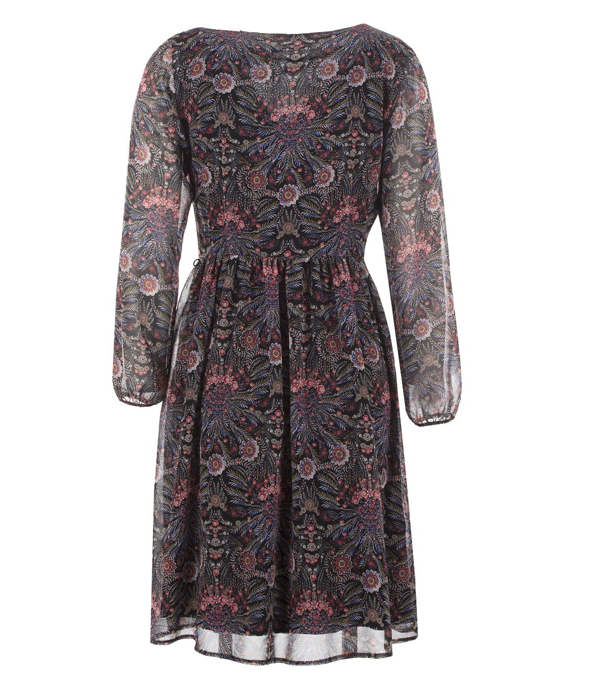 Chiffon dress with long sleeves, emphasized waist, with paisley print  1